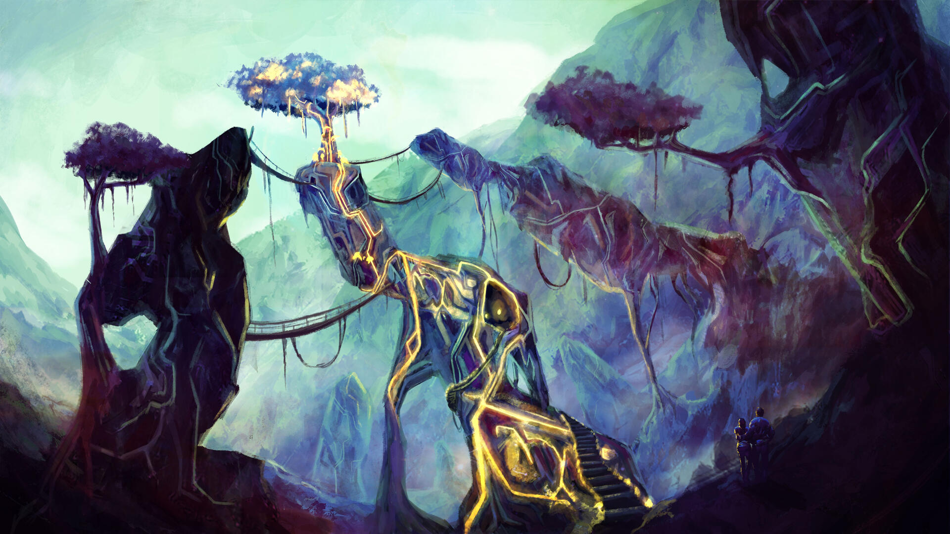 A digital painting of a valley surrounded by mountains. There are tall, rocky structures protruding from the ground. the central structure has "veins" of glowing yellow light that lead up to a tree on the top. Two people stand on the ground looking up at i
